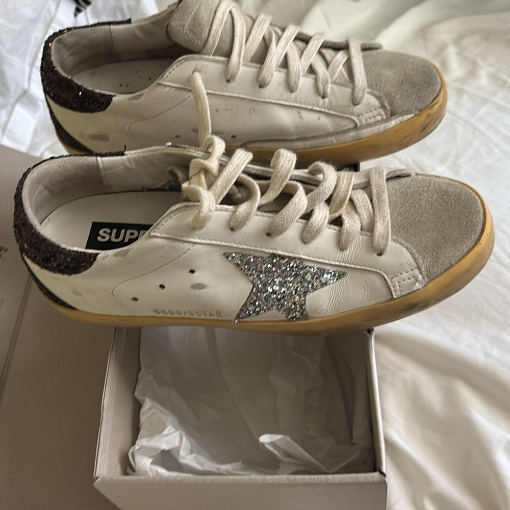 Golden Goose Cream and Gray Sneakers with Glitter Star - Picture 2 of 8